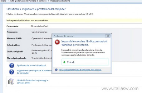 Screenshot - Impossibile calcolare l'indice prestazioni di Windows per il sistema